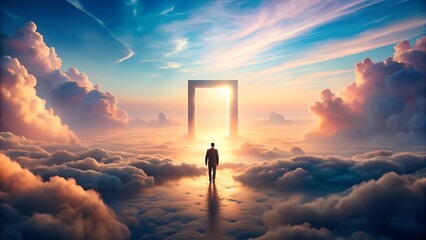 A lone figure walks towards a glowing portal in a sky filled with clouds at sunset