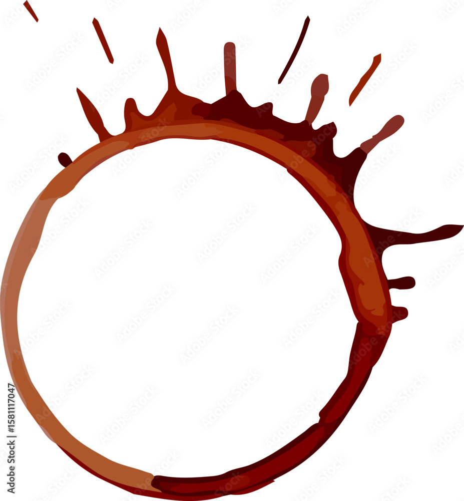 Aufkleber brown coffee cup ring stain splashing across a white background, forming an artistic and dynamic sha