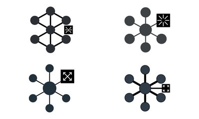 Network node structure icons with connected circles and data hub symbols in digital design
