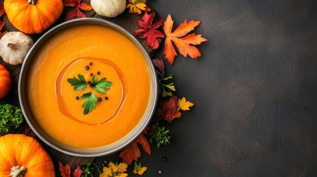 Colorful autumn vegetables with warm pumpkin soup in rustic ceramic bowl, surrounded by harvest leaves and wood textures