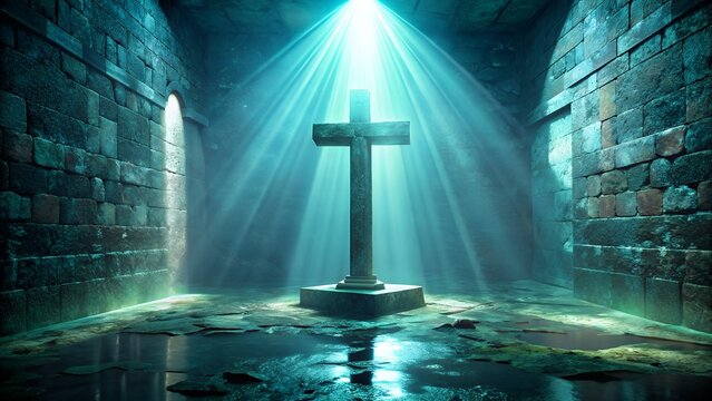 A stone cross stands in a dark, ancient chamber, illuminated by divine light rays