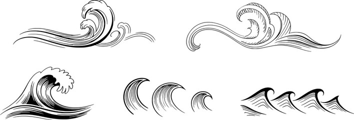 Stylized ocean waves in black and white artistic illustrations water surf