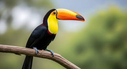 Fototapeta premium Toucan perched on a branch with vibrant beak and blurred jungle background