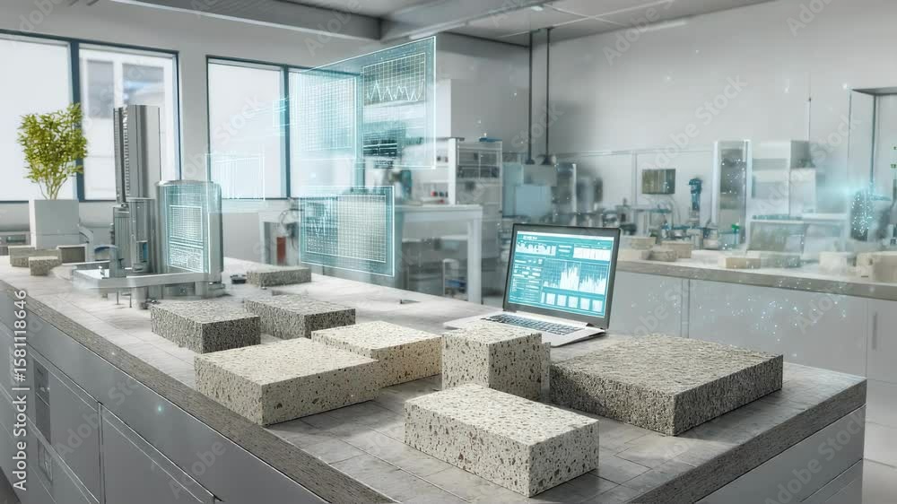 Poster concrete and cement samples undergoing analysis in a state of the art laboratory, utilizing holograp