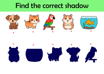 Cute pets. Find the correct shadow. Educational matching game for children. Cartoon vector illustration