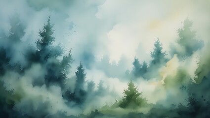 Atmospheric watercolor forest landscape depicting foggy evergreen trees and cloudy sky