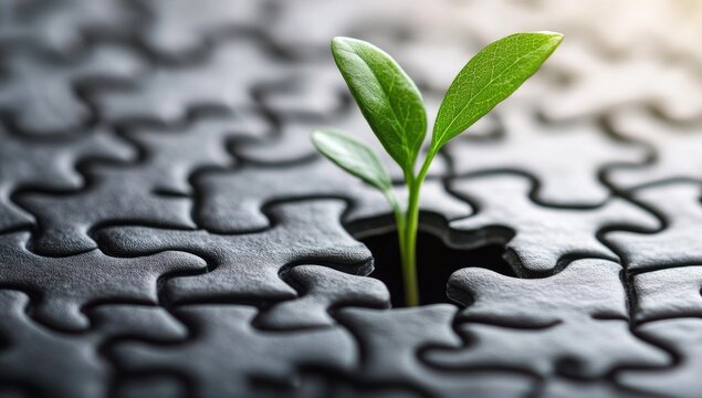 A small green sprout emerges from a gap in a black jigsaw puzzle