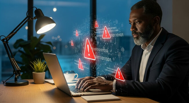 Man working on laptop with digital warning signs and binary code