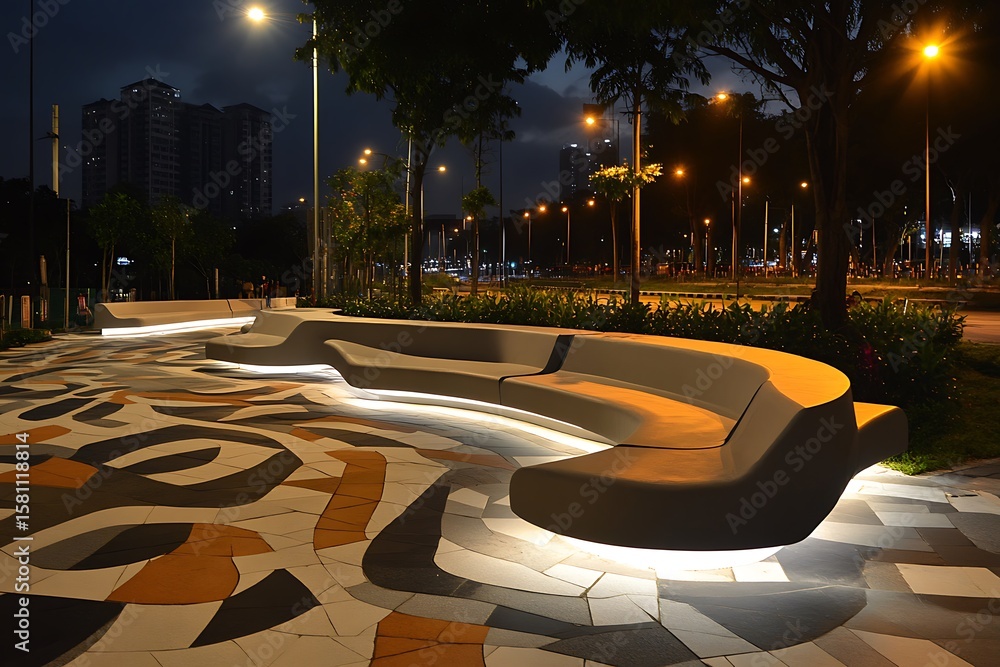 Poster roadside curve-shaped seating with modern light poles and geometric paving patterns