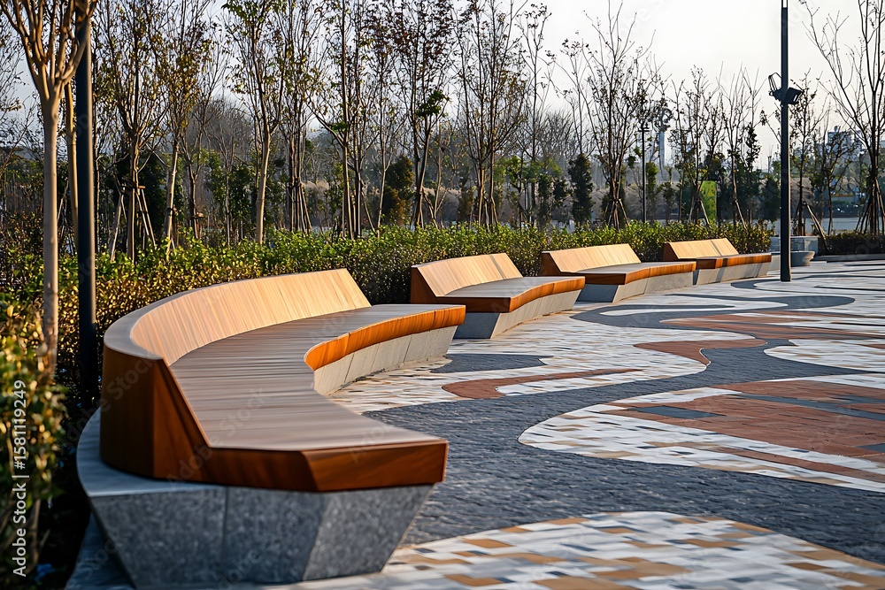 Poster roadside curve-shaped seating with modern light poles and geometric paving patterns