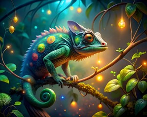 Obraz premium A colorful chameleon perched on a branch in a magical forest