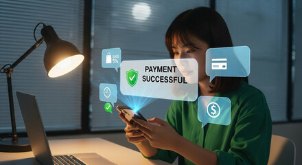 Woman receives notification of successful payment on her smartphone