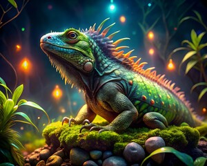 Fototapeta premium A spiky iguana on moss in an enchanted forest