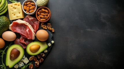 Keto Diet Ingredients on Dark Background: Avocados, Cheese, Nuts, Eggs, and Meat Display in Rustic Style