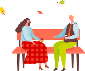 Young man and woman sitting on a park bench, sipping coffee and enjoying the crisp autumn air, surrounded by vibrant falling leaves and the beauty of natures seasonal change