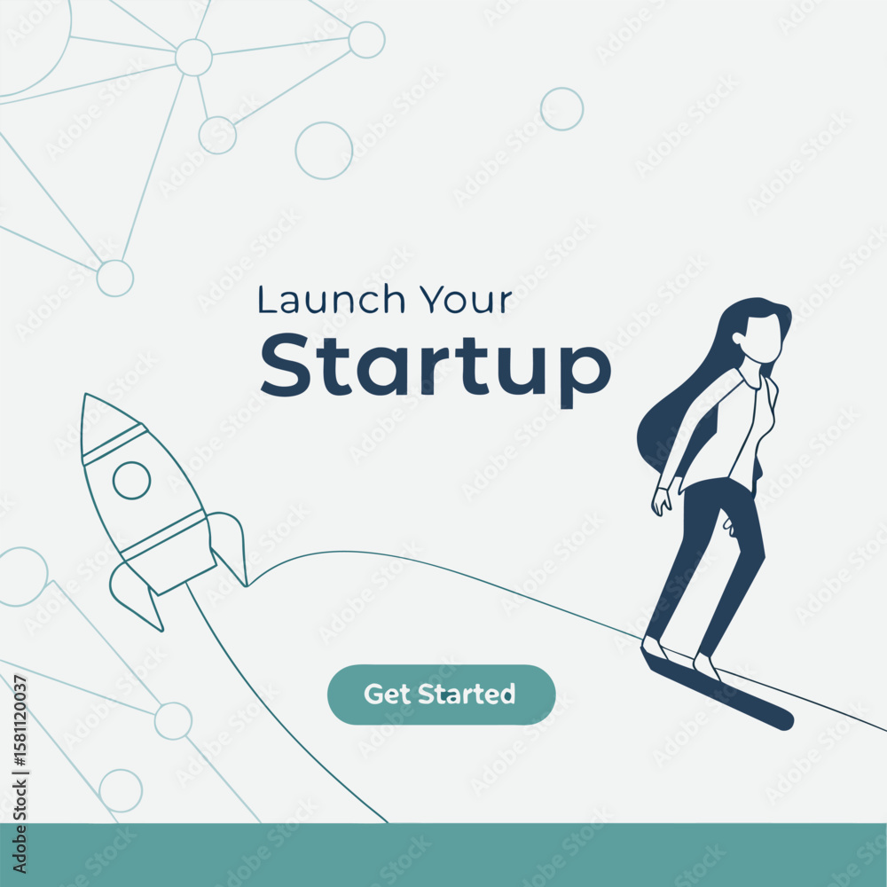 Poster illustration of a woman stepping on a line leading to a rocket with startup text and network backgro
