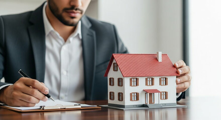 Man in suit reviewing document next to house model