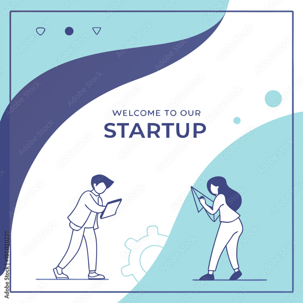 Poster people working on startup with welcome message and abstract shapes in blue and white color scheme de