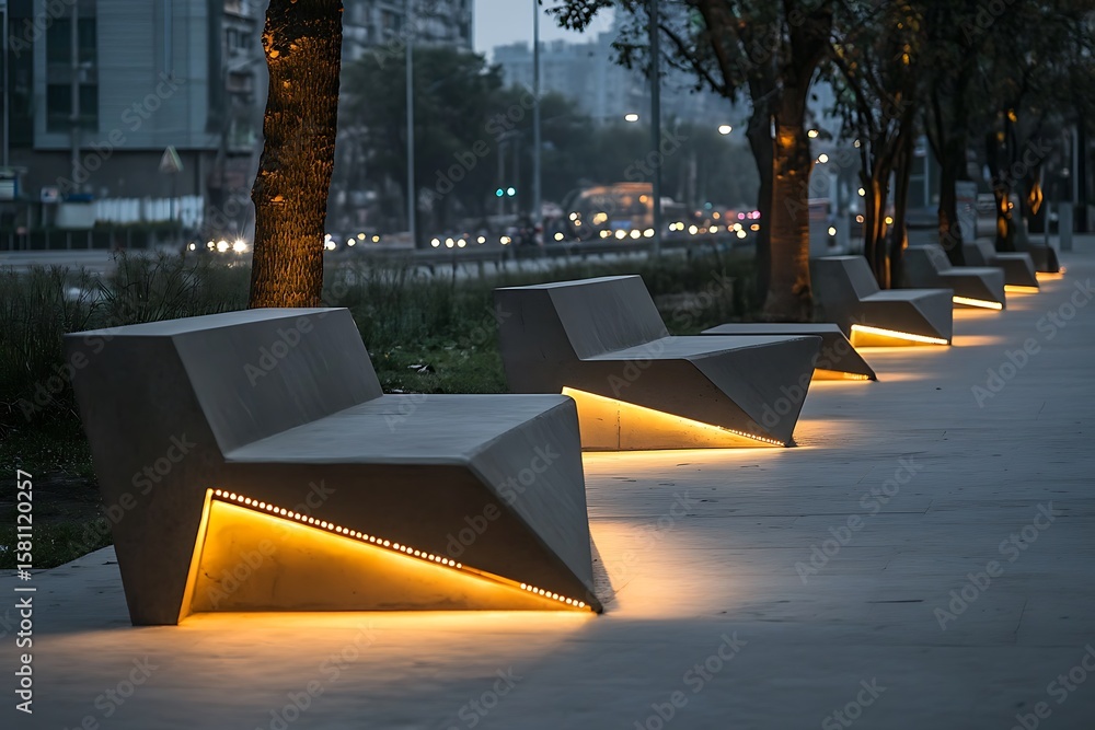 Poster sharp-edge concrete benches lining a minimal roadside zone with embedded led lights