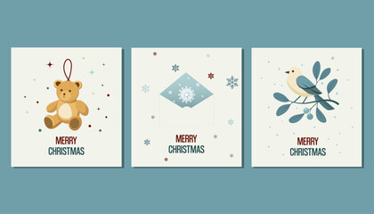 sacndinavian set of christmas cards in minimalistic flat style. vector graphic art of group xmas cards with greetings