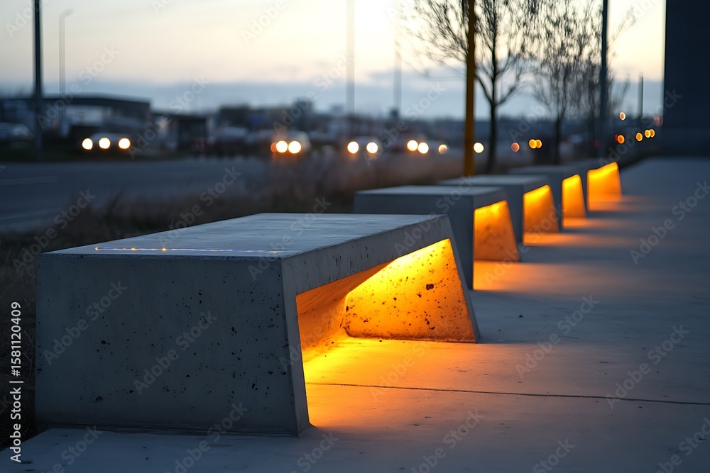 Poster sharp-edge concrete benches lining a minimal roadside zone with embedded led lights