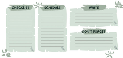 A light green weekly planner layout featuring four labeled sections: Checklist, Schedule, Write, and Don’t Forget, decorated with floral accents.