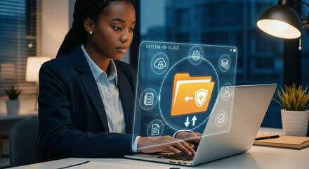 Woman working on laptop with futuristic data interface and security icons