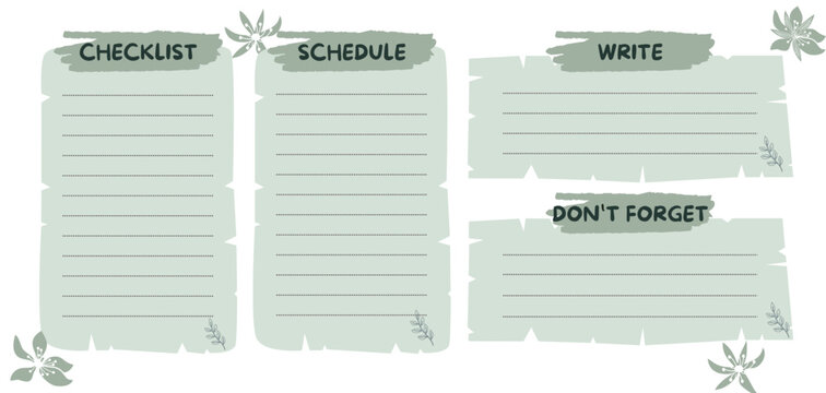 A light green weekly planner layout featuring four labeled sections: Checklist, Schedule, Write, and Don’t Forget, decorated with floral accents.