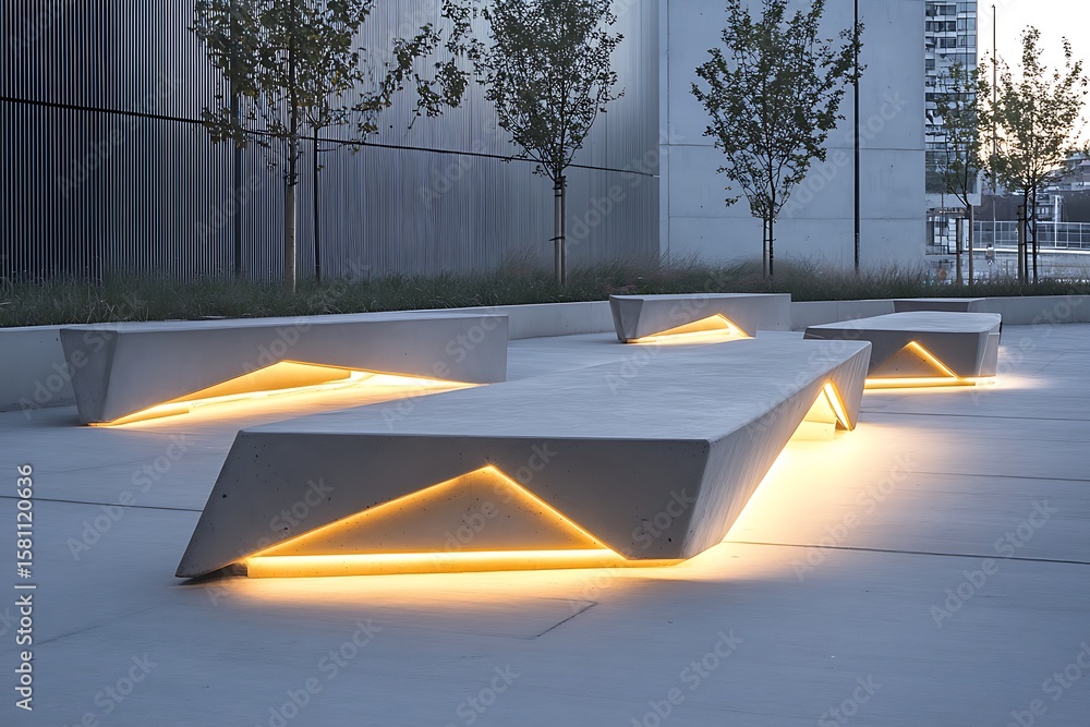 Poster sharp-edge concrete benches lining a minimal roadside zone with embedded led lights