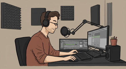 A vector illustration of a man recording audio in a home studio. Male podcaster or streamer working at a computer with a microphone and headphones.