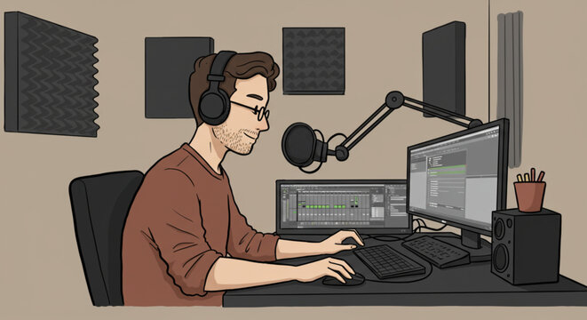 A vector illustration of a man recording audio in a home studio. Male podcaster or streamer working at a computer with a microphone and headphones.