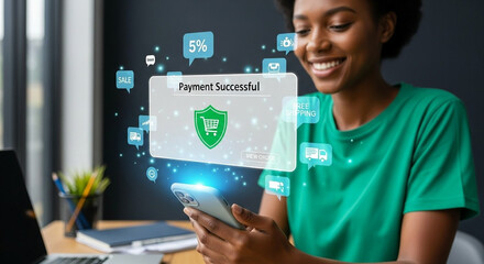 Woman happily completing online purchase with payment success notification