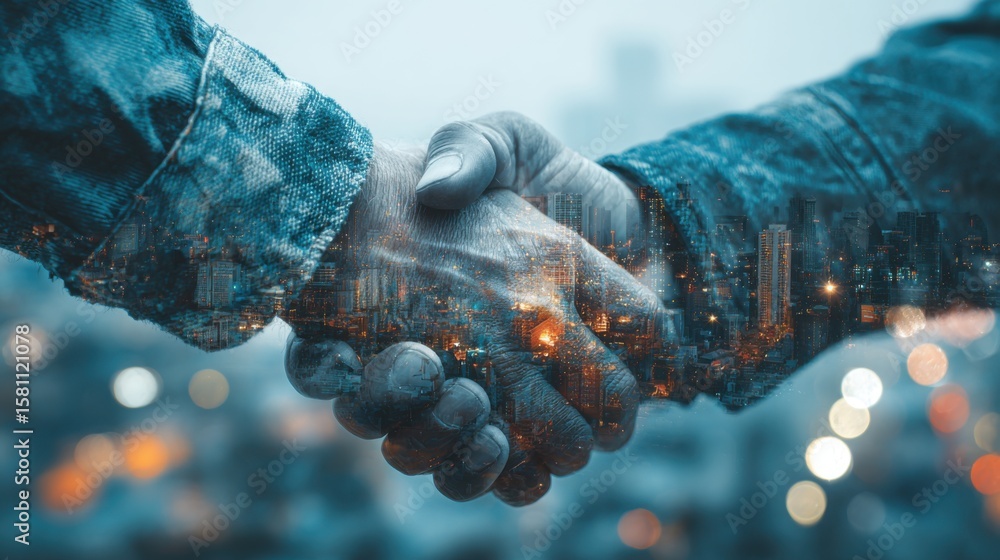 Poster two hands shake in a meaningful gesture of agreement, set against a blurred city skyline during twil