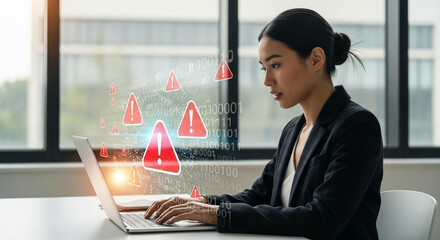 Woman working on laptop with digital warning symbols and binary code