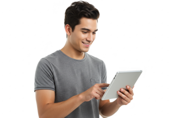 Smiling young man using tablet on transparent background
