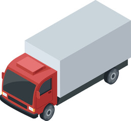 Red delivery truck transporting merchandise, illustrating concepts of logistics, shipping, and freight transportation in an isometric perspective © Frogella.stock