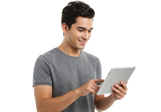Smiling young man using tablet on transparent background