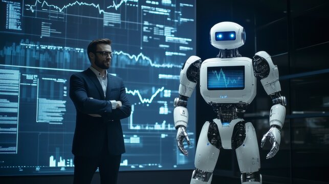 Businessman stands confidently beside a modern robot in a futuristic office with data screens displaying stock market graphs.