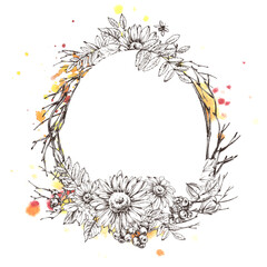 Elegant oval floral wreath with autumn elements like flowers and leaves in a hand drawn illustration style, enhanced with ink and watercolor splashes for a seasonal artistic feel.