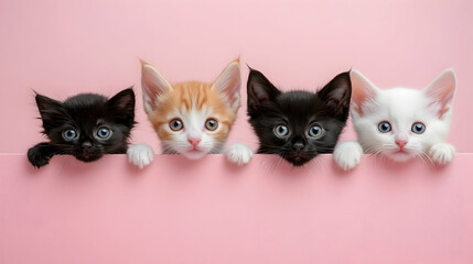 Four kittens peeking over a pink background.