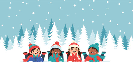 Naklejka premium Happy children enjoying a snowy winter day playing outdoors among tall pine trees