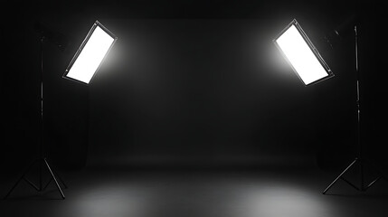 Two studio lights illuminating a dark background creating a professional photography environment setup