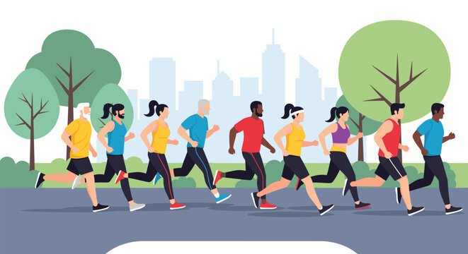 Diverse group of people running together in a city park during the day