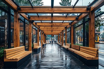 Symmetrical wooden seating sections under glass rain canopy, clean roadside architecture