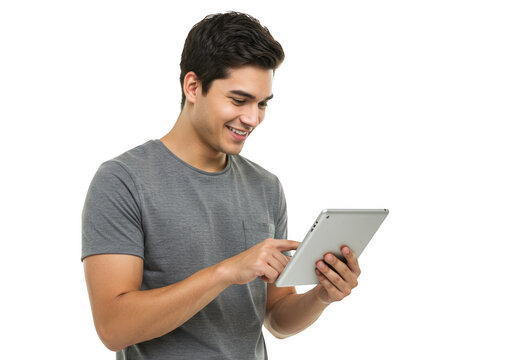 Smiling man using tablet on transparent background