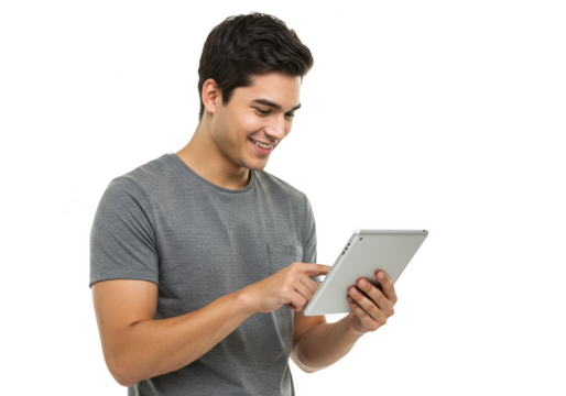 Smiling man using tablet on transparent background