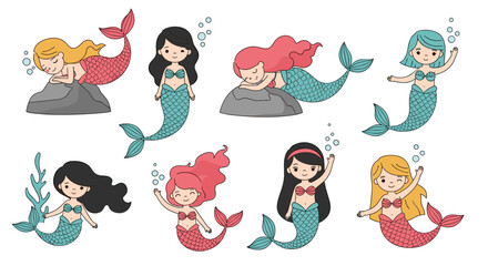 Charming cartoon mermaids enjoying ocean life and singing musical notes