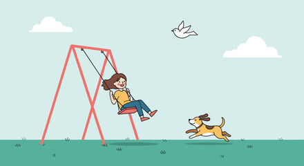 A girl enjoys a swing while her dog plays energetically nearby on a sunny day