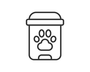 Simple line art icon of a pet food container with a paw print. Ideal for websites, apps, or print materials related to animal care, supplies, or services.