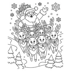 Fototapeta premium Black and white line art illustration of Santa flying in sleigh with eight reindeer and gifts across snowy night sky with Merry Christmas! banner